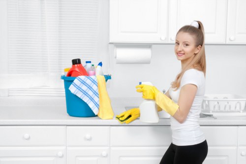 Bathroom deep cleaning with scrub brush and supplies